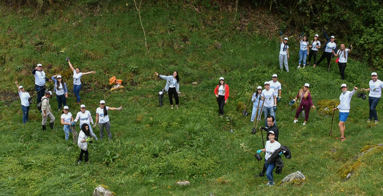 Group of people standing in a circle on a grassy hillside.