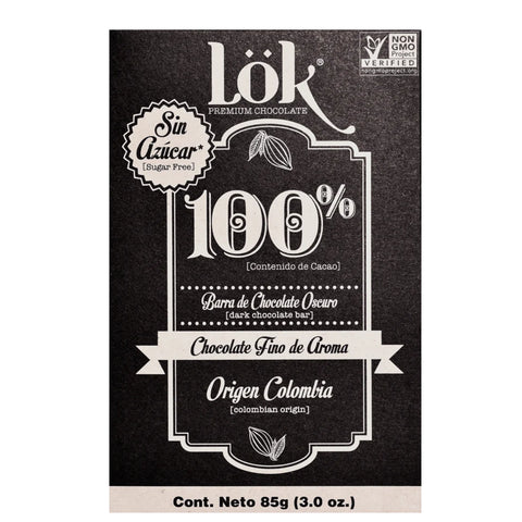 Dark chocolate bar packaging with 'Lök' branding on a black background