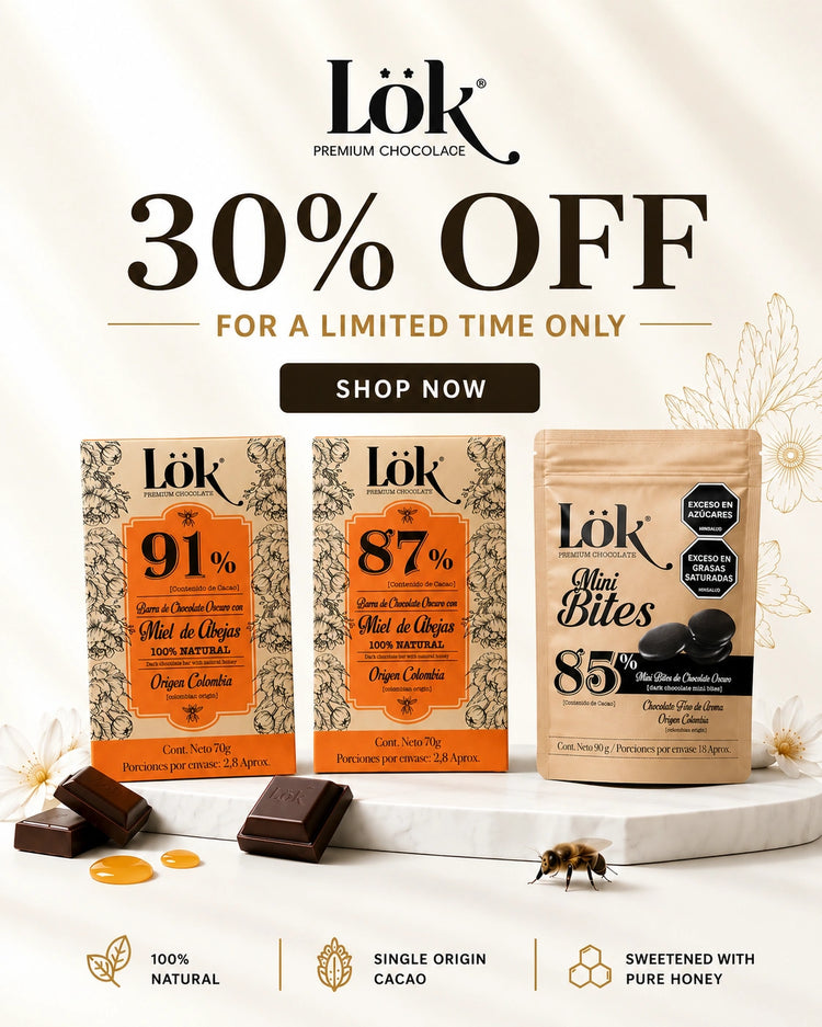 Lök chocolate products with packaging displaying percentages and a 30% off offer.