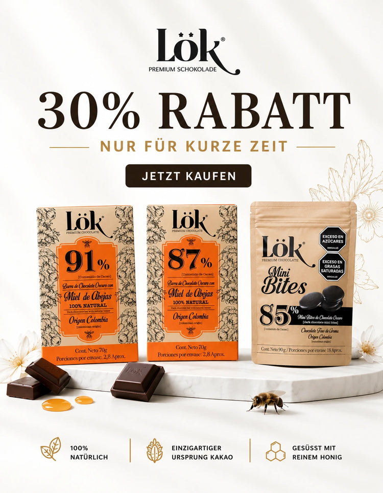 Chocolate packaging with 'Lök' brand and promotional text on a white background