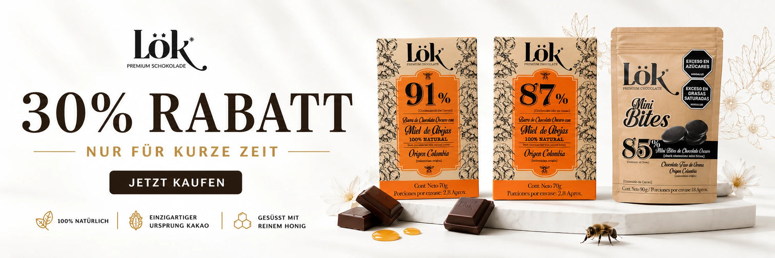 Chocolate packaging with 'Lök' brand and promotional text on a white background