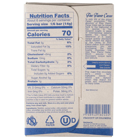 The back panel of a Fine Flavor Cocoa chocolate bar box, showing nutrition facts, ingredients, and product details on a white background.