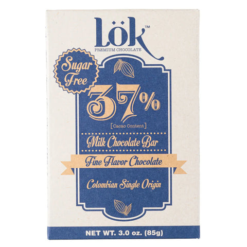 A 3.0 oz bar of Lök Premium Chocolate in the 37% Milk Chocolate flavor.