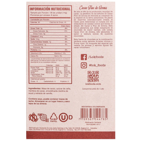 Nutritional information and ingredient list on a food packaging label with brand logo and QR code.
