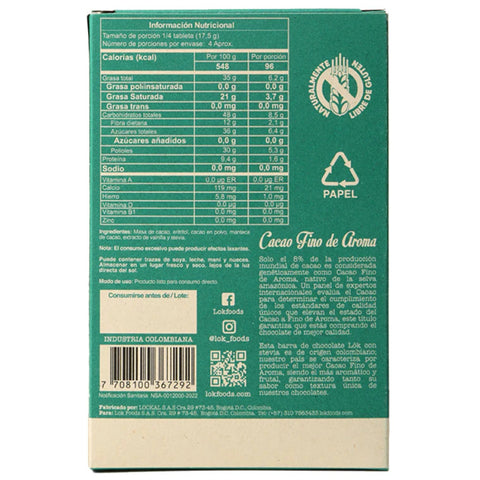 The back panel of a green chocolate scent diffuser box by the brand Lok, showing nutritional information, ingredients, and a barcode.