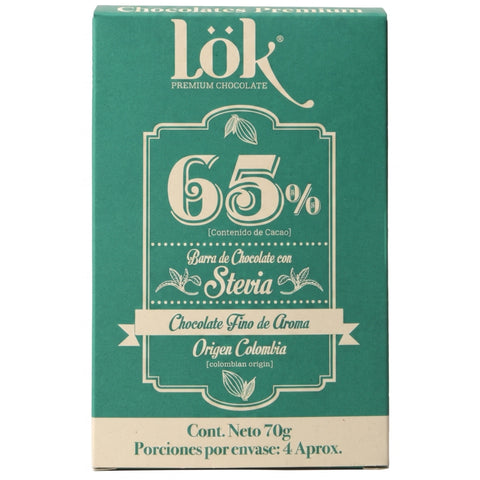 A 70g bar of Lök Premium Chocolate in its packaging. The box is a rich teal green with cream-colored text and decorative borders, highlighting '65% Cacao' and 'Chocolates Finos de Aroma' with stevia flavor.