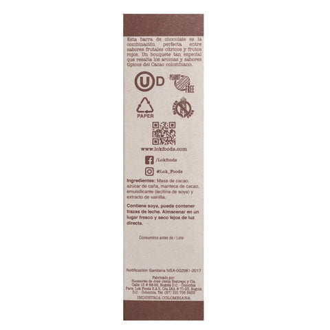 Back of a chocolate bar packaging with text and logos on a white background