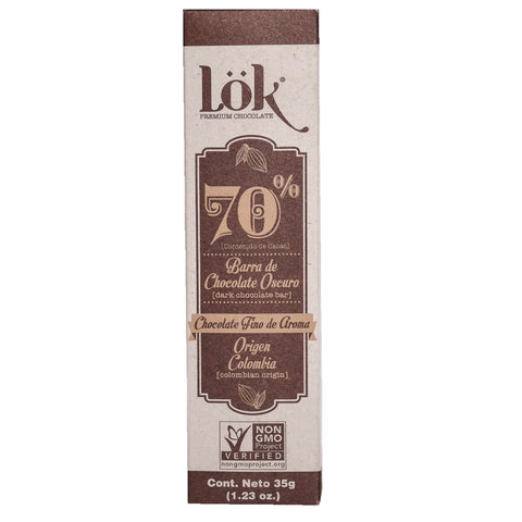 Chocolate bar packaging with 'Lök' branding and chocolate percentage details on a white background