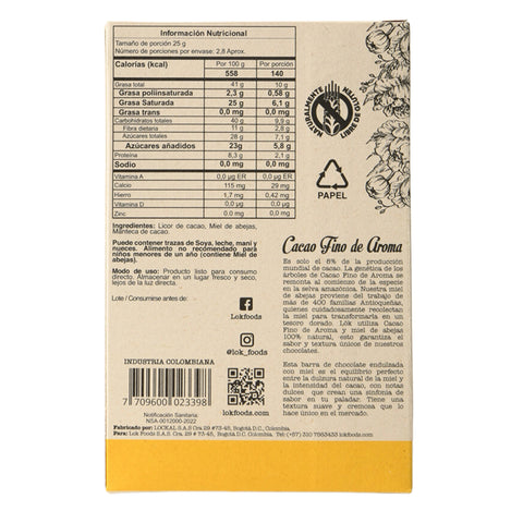 Nutritional information and product details on a chocolate packaging label.