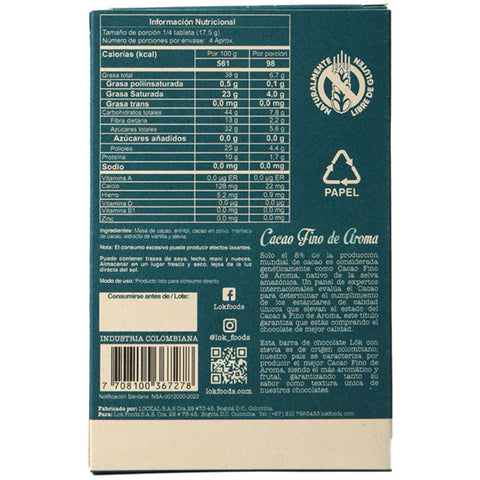 The back panel of a dark teal chocolate box, showing nutritional information, ingredients, a barcode, social media handles, and the circular 'Cacao Fino de Aroma' logo on a beige lower section.
