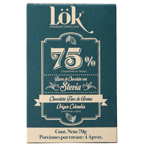 A 70g bar of Lök Premium Chocolate with 75% cocoa and stevia, in its original dark teal packaging with cream-colored text and borders.