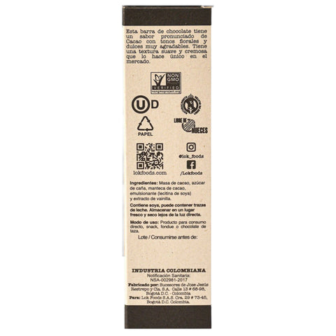 Back of a chocolate bar packaging with text and logos on a white background