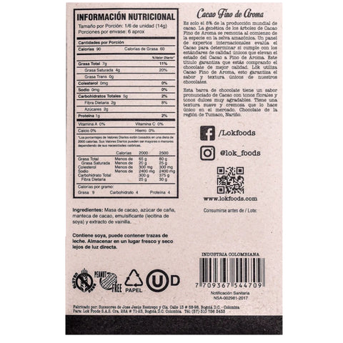 Nutritional information and ingredient list on a chocolate bar packaging label.