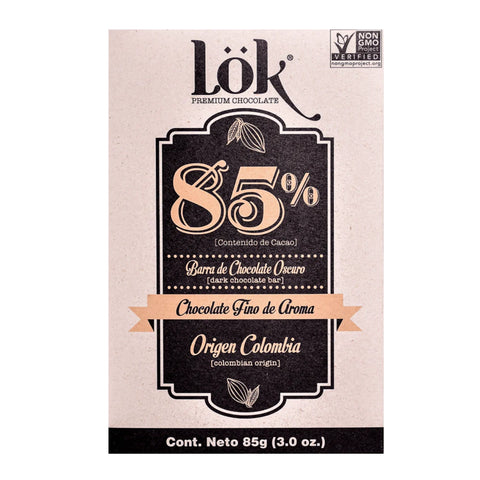 Chocolate bar packaging with 'Lök' branding and 85% cacao on a beige background