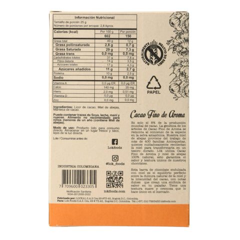 Nutritional information and product details on a chocolate packaging label.