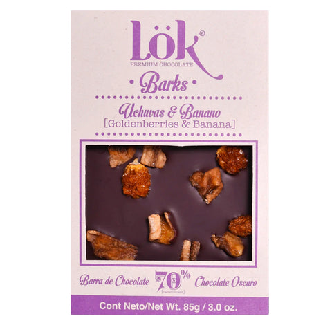 Lök chocolate bark packaging with goldenberries and banana on a white background