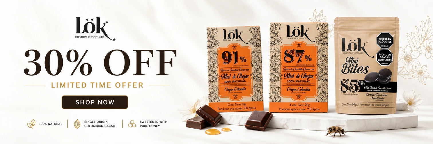 Lök chocolate products with packaging displaying percentages and a 30% off offer.