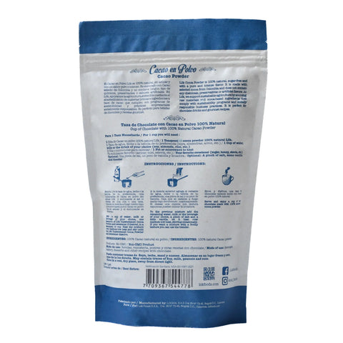 Back view of a blue and white packaging with text and branding on a white background