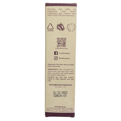 Back of a chocolate bar packaging with text and logos on a white background