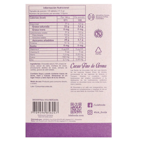 Nutritional information and ingredient list on a food packaging label with a purple border.