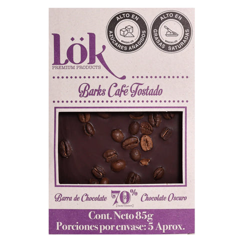 Chocolate bark packaging with coffee beans and 'Lök' branding on a light purple background