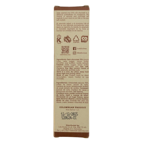 Back of a chocolate bar packaging with text and logos on a white background
