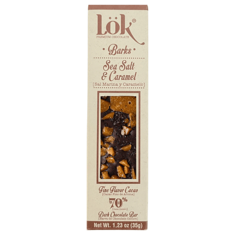 Lök Sea Salt & Caramel chocolate bark packaging on a white background