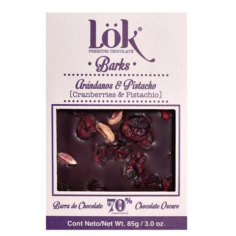 Box of Lok Premium Chocolate Barks with cranberries and pistachios on a white background