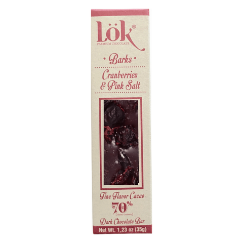 Box of Lok Cranberries & Pink Salt Dark Chocolate Bar on a white background