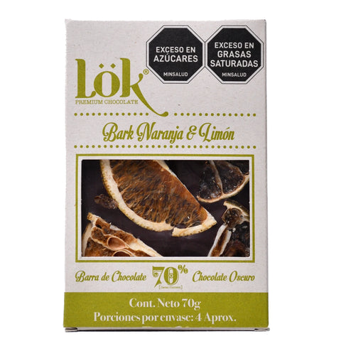 Box of Lök chocolate bark with orange and lemon flavor on a white background