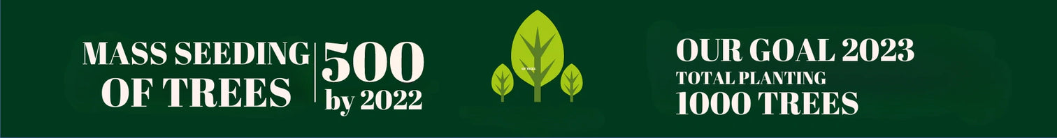 Green banner with text about mass seeding of trees by 2022 and goal to plant 1000 trees in 2023.