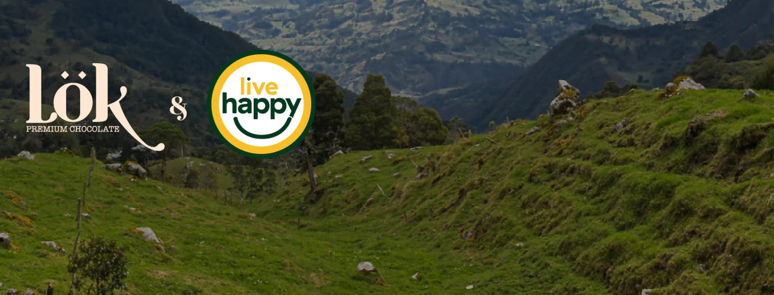 Scenic landscape with mountains and greenery, featuring logos of Lök and Live Happy.