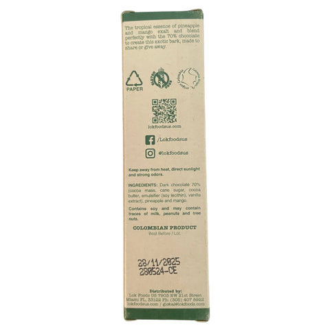 Back of a chocolate bar packaging with branding and product details on a white background