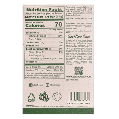 Nutrition facts label on a product packaging with branding and certification logos.