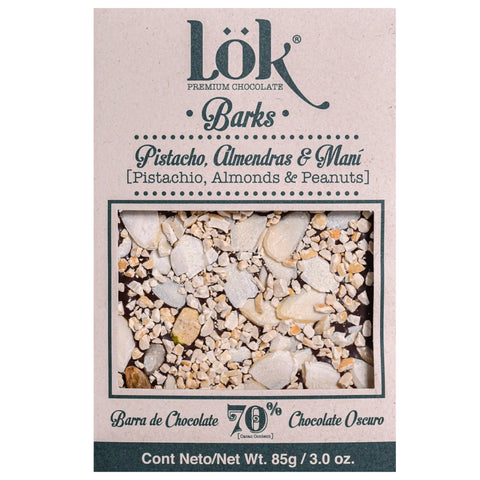Lök chocolate bark packaging with a mix of nuts on a beige background