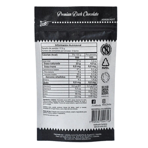 Nutritional information label on a black and white packaging back