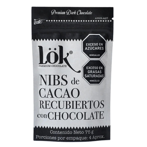 Package of Lök Premium Dark Chocolate Nibs on a white background