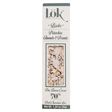 Dark chocolate bar packaging with 'Lök' branding on a white background
