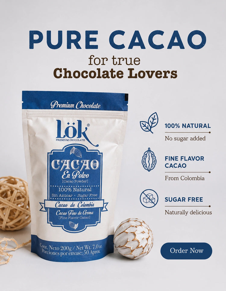 Lok Cacao Elite packaging with promotional text on a light background