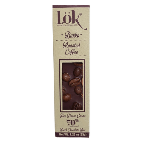 Box of Lök roasted coffee chocolate bark on a white background
