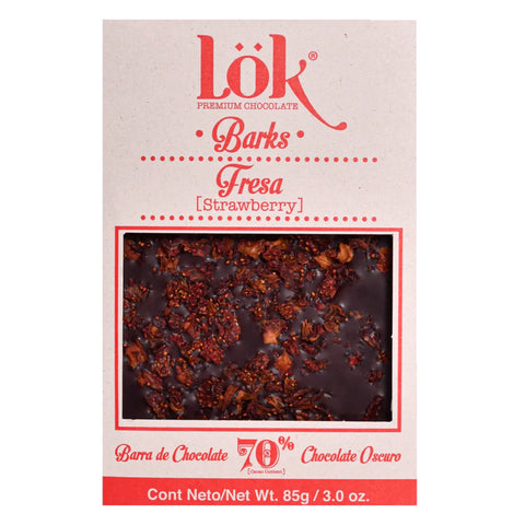 Box of Lok Strawberry chocolate bark on a white background