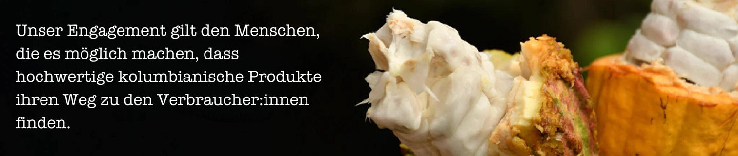 German promotional banner with white text on the left and a close-up photo of a golden-brown chocolate-covered pastry on the right against a dark background.