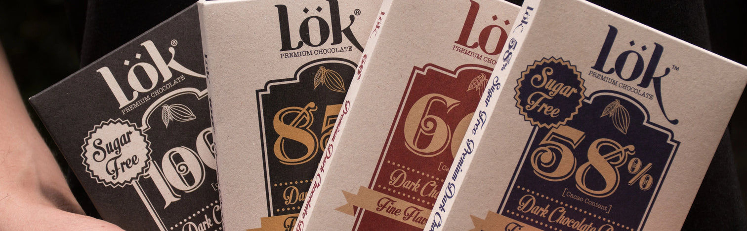 Four packages of Lök chocolate with different percentages displayed.