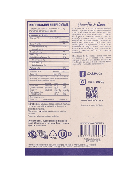 Dark Chocolate Bar | 58%Cacao | Sugar - Free | 85g - Lök Foods Austria