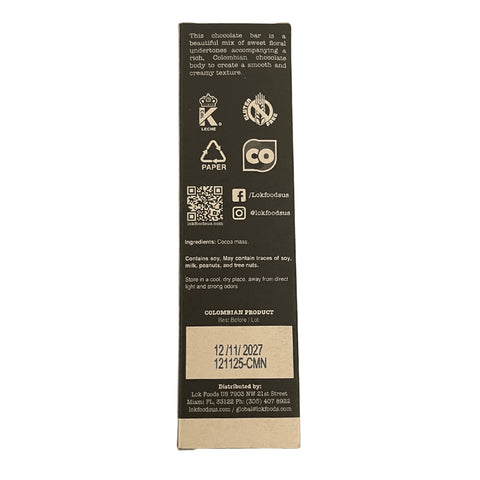 Back of a chocolate bar packaging with text and logos on a white background