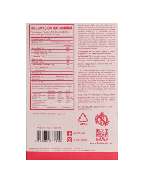 Dark Chocolate Bar with Cranberries and Pink Salt | 70% Cacao | 85g - Lök Foods Austria