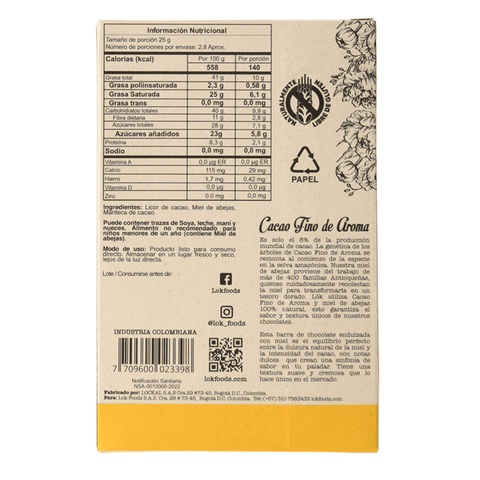 Dark Chocolate Bar with Honey | 72% Cacao | 70g - Lök Foods Austria