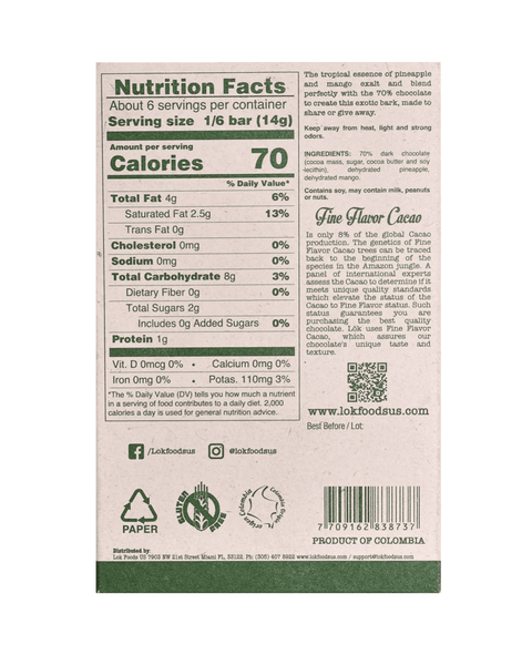 Dark Chocolate Bar with Mango and Pineapple | 70% Cacao | 85g - Lök Foods Austria