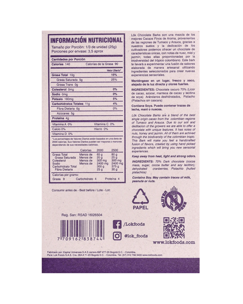 Dark Chocolate Bar with Nuts: Pistachios and Cranberries | 70% Cacao | 85g - Lök Foods Austria