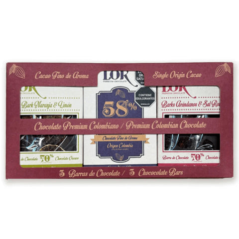 Luxury chocolate gift box with three 85g single-origin Colombian chocolate bars